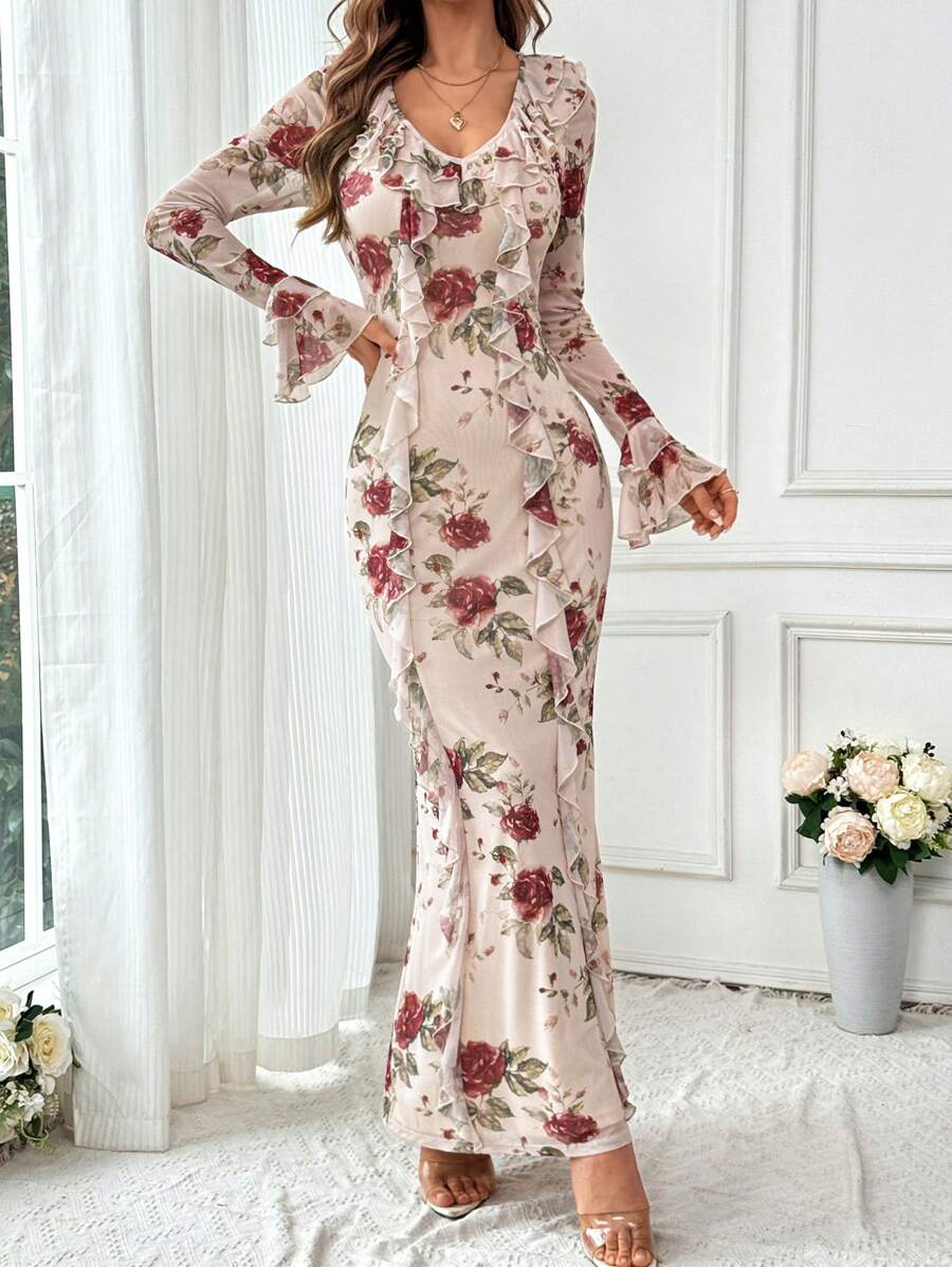 Firerie Women's Romantic Floral Printed Long Sleeve Dress, With Ruffle Hem,Long Flared Sleeve Dress,Fishtail Hem Long Dress,Fall Dresses,Homecoming Dresses,Boho Dress,Elegant Dress For Daily, Commuting, Holiday, Party, Dating