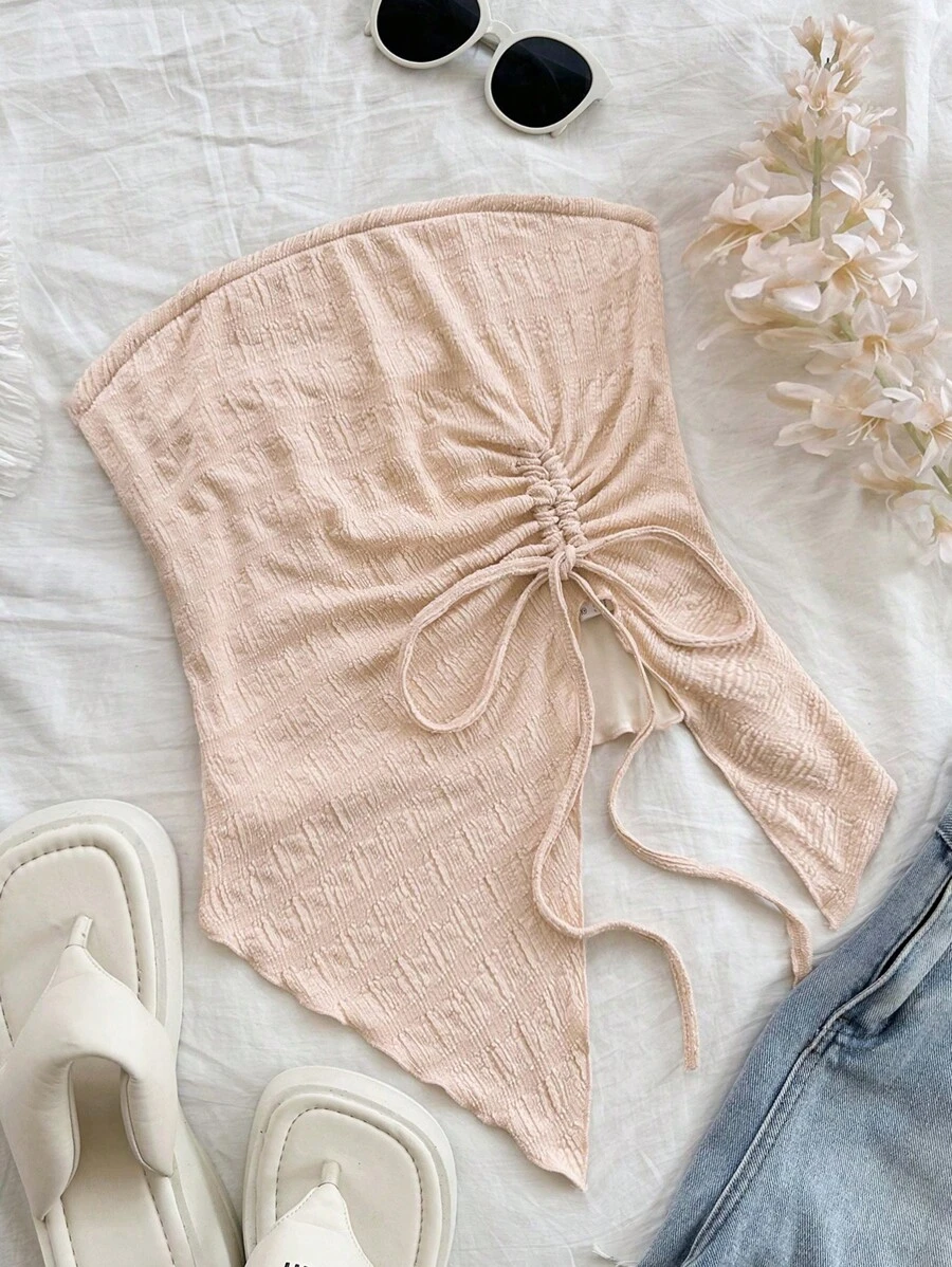 Soleia Ladies' Vacation Style Knit Tube Top, White & Apricot Colored Textured Bandeau Top With Slit And Drawstring, Perfect For Graduation Season Afternoon Tea Party Outfit