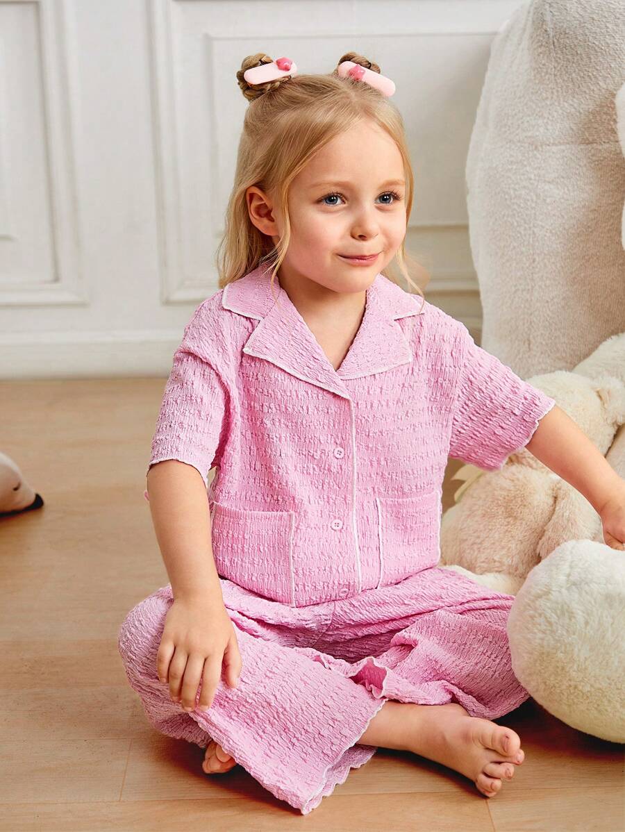 SHEIN Set de pijamale 2 bucăți cu guler cu buzunare, cămașă cu mânecă scurtă și pantaloni largi pentru fete tinere