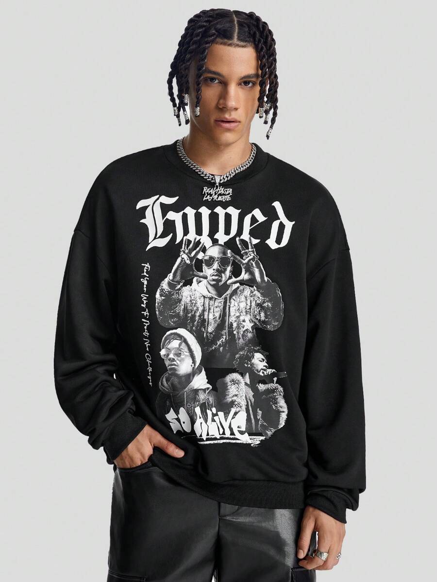 Manfinity VCAY Sudadera de cuello redondo holgada de manga larga de punto con estampado para hombre, camiseta de manga larga con gráfico de figura de rapero musical