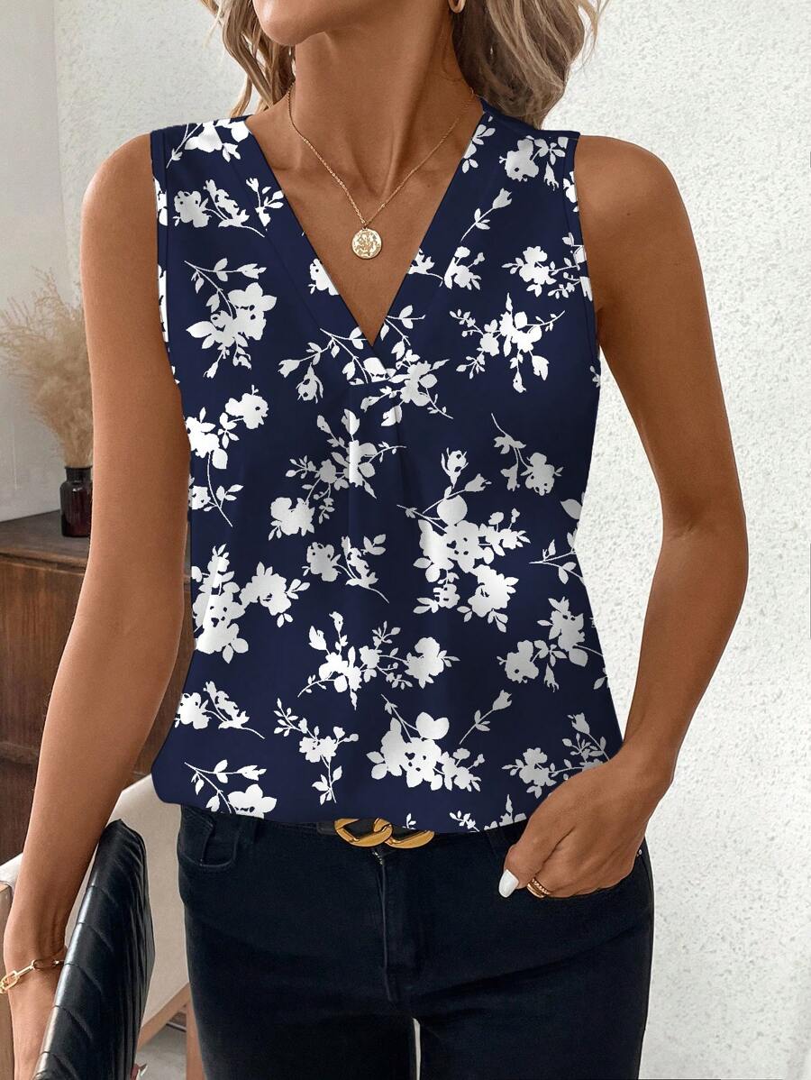 SHEIN Clasi Women's Floral Print Minimalist Casual V-Neck Sleeveless Tank Top
