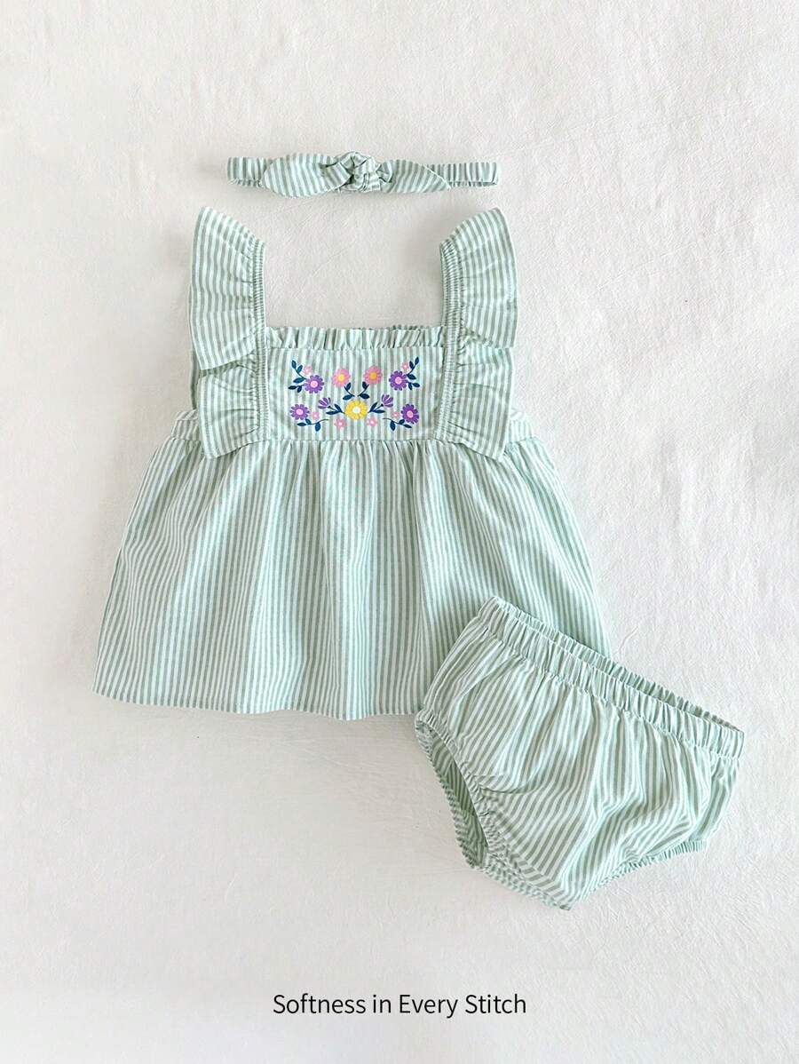 Cozy Pixies 2pcs Baby Girls' Colorful Striped Floral Print Square Neck Short Sleeve Top & Headband Set