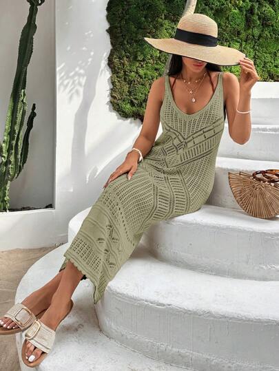Cottnline V Neck Midi Cover Up Dress, For Summer Beach Vacation