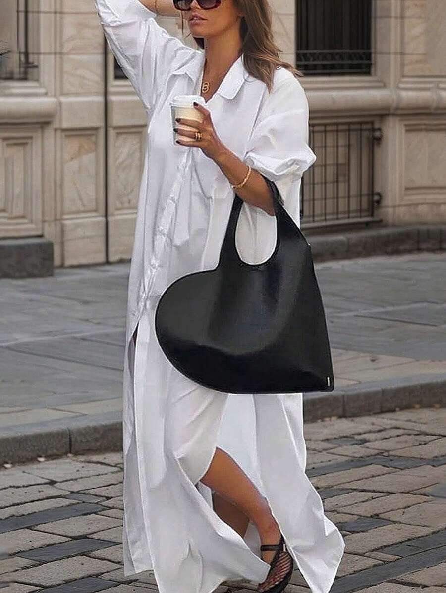 Calvaya Vestido midi largo estilo camisa suelta y casual para mujer con cuello