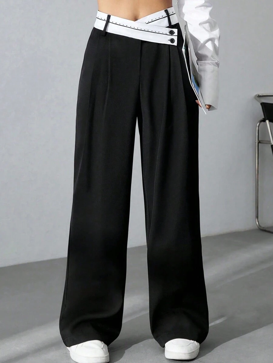 SHEIN Teen Girls' Black And White Color Block Overlap Belted High Waist Wide Leg Loose Fit Trousers For Office, Casual And Campus