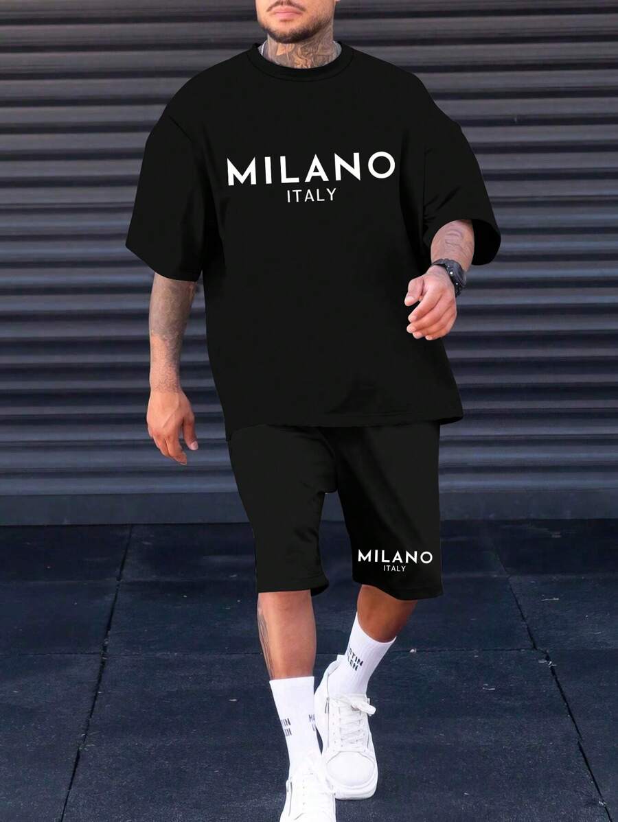 Conjunto casual de camiseta de manga corta con cuello redondo y pantalones cortos para hombre para vestir para el trabajo o viaje diario