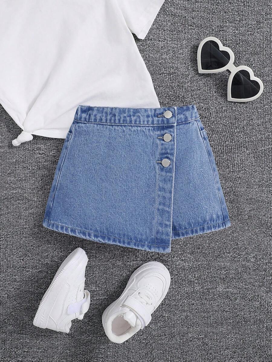 SHEIN Pantalones cortos de mezclilla de unicolor con botón delantero, cruzado, borde asimétrico para niña joven