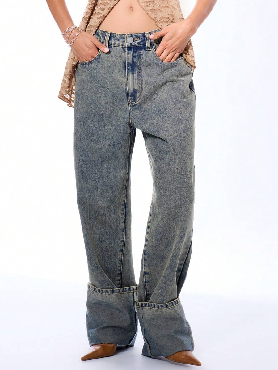 MUSERA Straight Leg Denim Washed Trousers Spring 90's Cute Streetwear