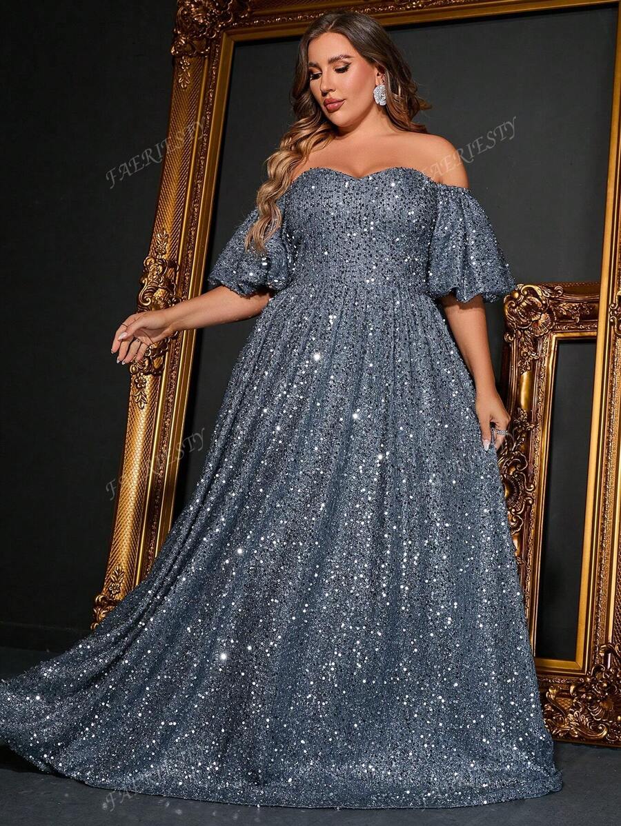 Luxurious Plus-Size Off-The-Shoulder Puff Sleeve A-Line Evening Gown | Sparkling Embellished Formal Dress For Grand Events – Perfect For Black Tie Galas, Red Carpet Evenings, Wedding Guest Attire, Opera Nights & Sophisticated Evening Dinners,Party Dress
