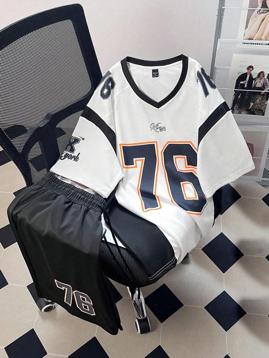 Manfinity LEGND Manfinity LEGND Plus Size Men's Casual Numeric Graphic V-Neck Short Sleeve T-Shirt Basketball Shirt And Shorts Set, Summer Back To School, Color Block, Going Out, Back To School Clothes