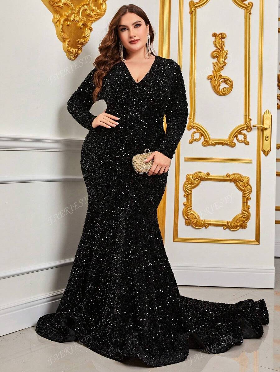 Plus Mermaid Hem Sequin Formal Dress Black Elegant Long Sleeve Prom Evening Wedding Guest Gown, For Graduation, Dinner Party Dress