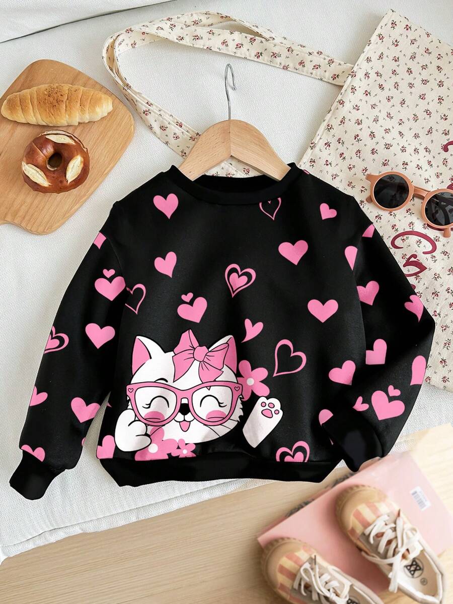 SHEIN Gato fofo e estampa floral de coração, moletom casual de malha confortável para meninas jovens, adequado para outono e inverno