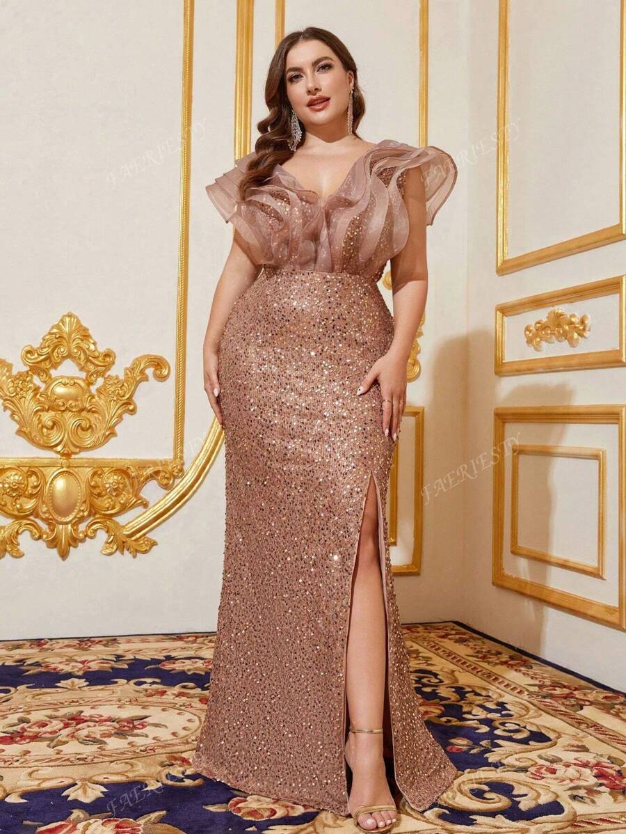 Faeriesty Plus Elegant Sequin-Glitter Gown With Ruffle Sleeves & Side-Slit Mermaid Tail | Luxury Evening Dress For Black Tie Galas, Weddings, And Cannes Parties Party Dress Wedding Guest Dress Formal Dress