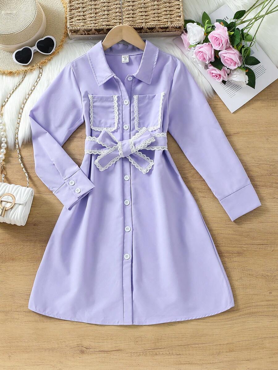 Vestido feminino de manga comprida com cinto e bainha com babados