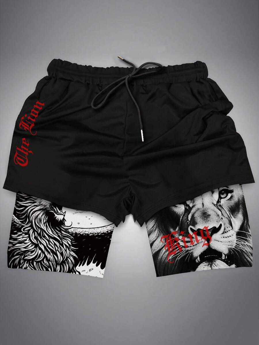 Noixe Shorts de moda para hombre con doble capa y cintura ajustable con cordón, con diseño de león y letras impresas, casual y versátil