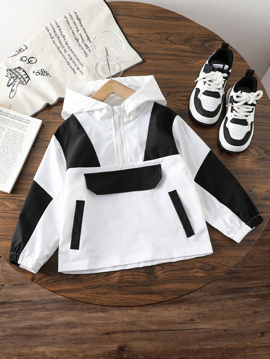 SHEIN 1 Pc Young Boy's Casual Collegiate Classic Black & White Color Block Patchwork Wind Jacket, Minimalist & Elegant, Suitable For Daily Wear, School, Outdoor Sports, Vacation, Autumn/Winter