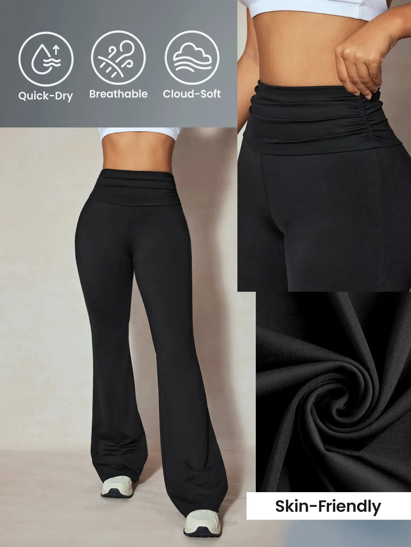 Easithlete 2 en 1 Pantalones de yoga de pierna acampanada con cintura alta fruncida, ajuste delgado para mujeres