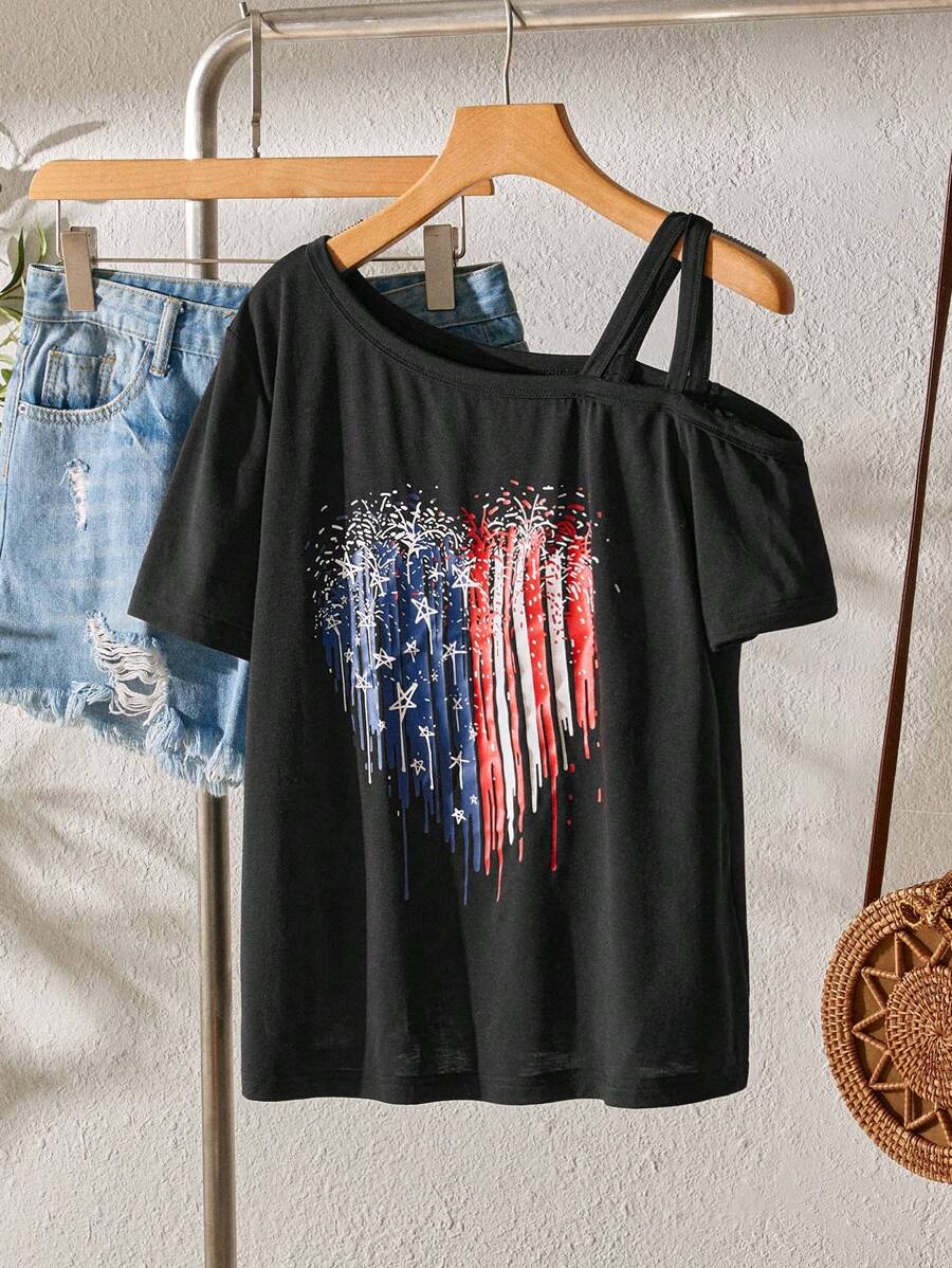 SHEIN LUNE Heart Print Asymmetrical Neck Tee For Summer