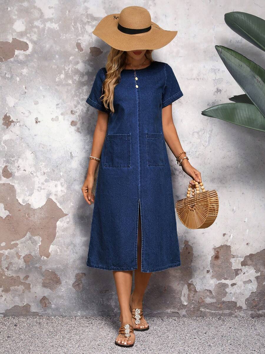 SHEIN LUNE Women's Solid Color Simple Casual Dark Color Round Neck Short Sleeve Denim Dress