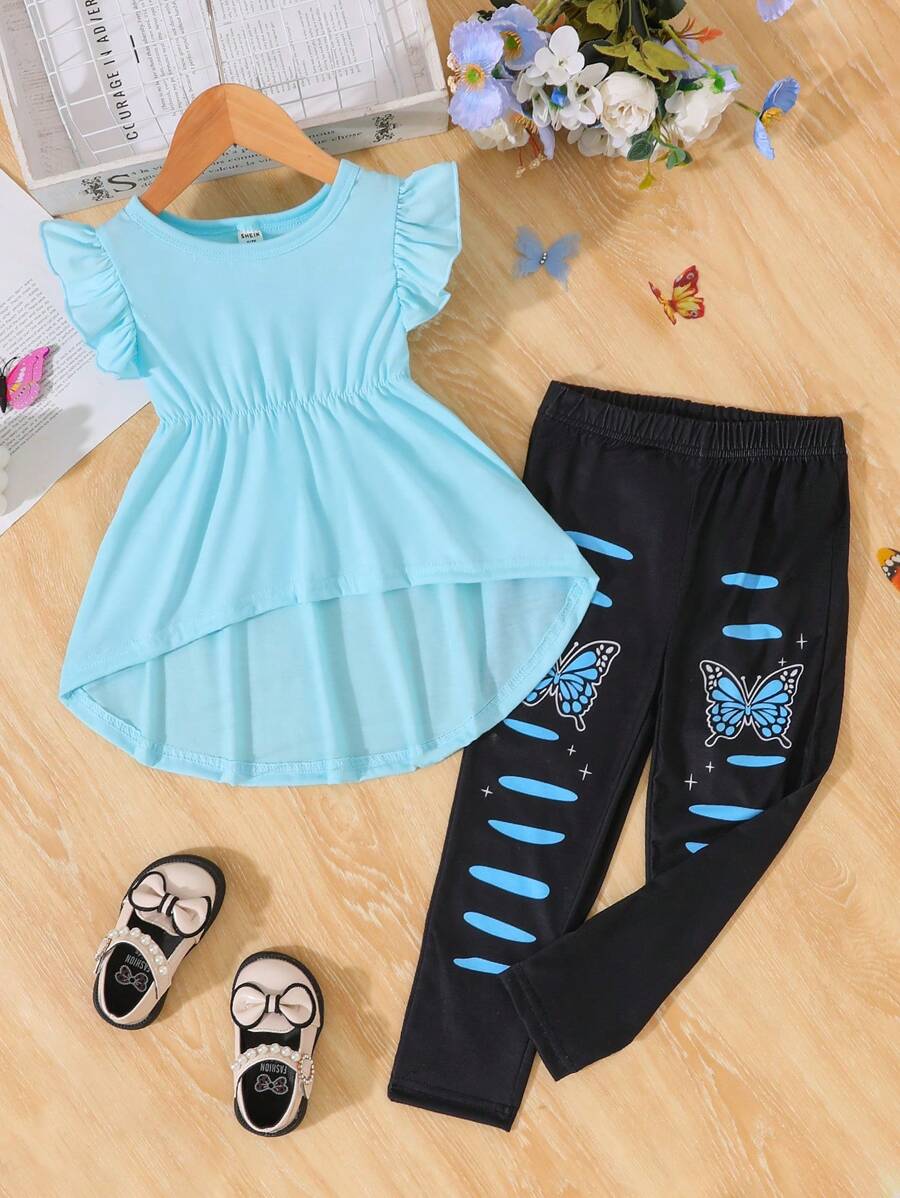 2 piezas Conjunto de 2 piezas con parte superior de manga abullonada con cuello redondo cómoda y pantalones con diseño desgastado de estampado de mariposa para niñas jóvenes