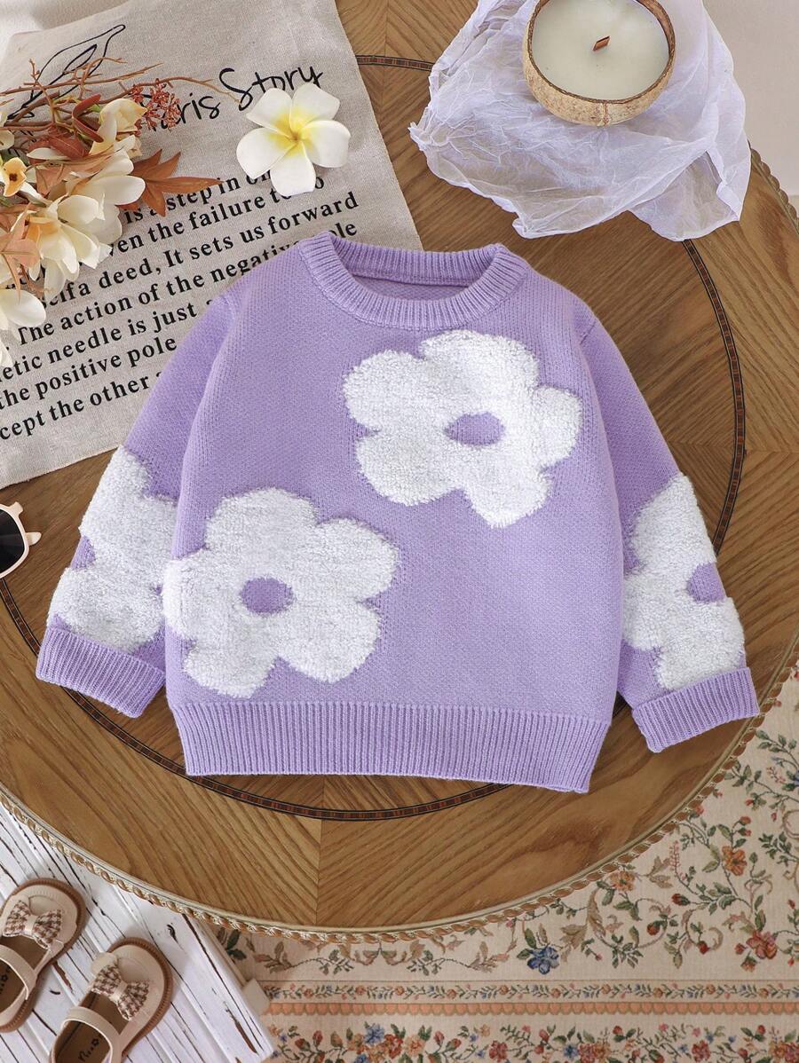 SHEIN Sudadera de punto con cuello redondo para niñas, en color morado, elegante, informal y cómoda con patrón de flores 3D. Ideal para el hogar, uso diario, escuela, actividades al aire libre y fiestas. Perfecta para otoño e invierno