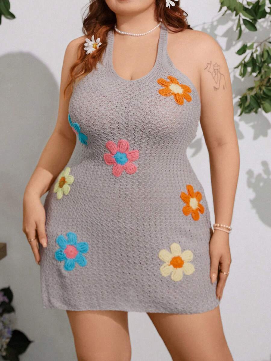 Sunnyshic Hand-Crocheted Floral Pattern Plus Size V-Neck Lace-Up Dress For Women