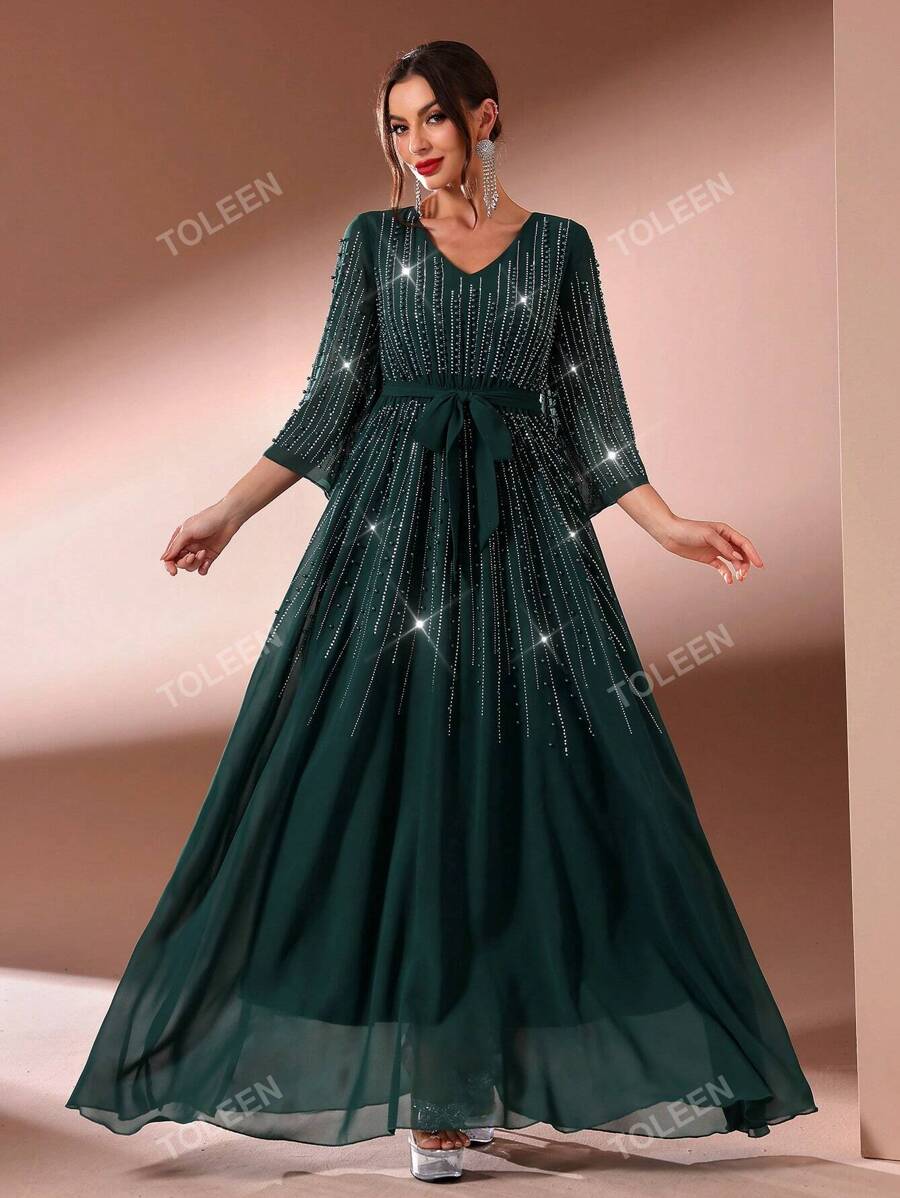Vestido largo de mujer con escote en V, sin mangas, con brillos, vestido de fiesta, vestido de invitada de boda, vestido formal, vestido de noche