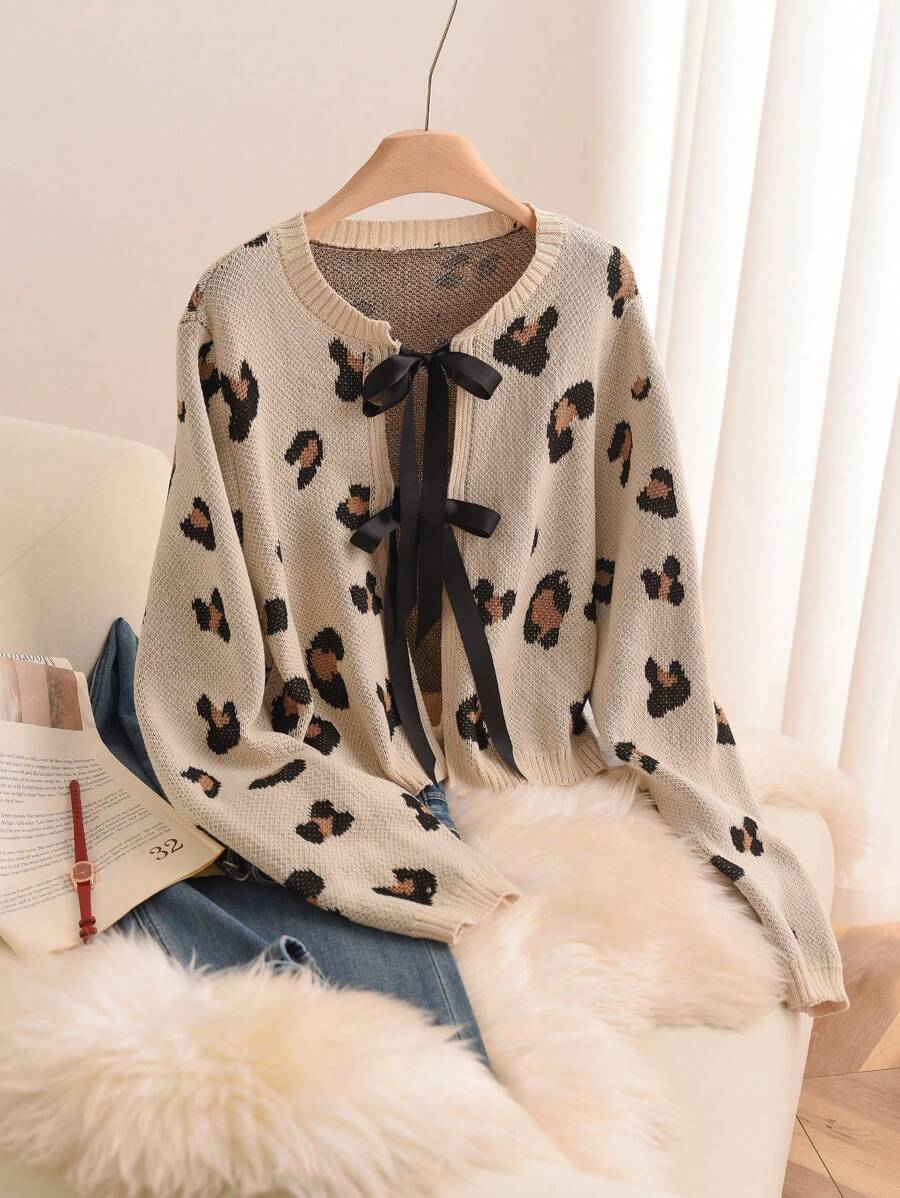 SHEIN Frenchy Plus-Size Women's Woolen Cardigan Jacket, Leopard Print Sweater Cardigan, Bow Strap Top,Cardigan Sweater Old Money Halloween Sweater,Long Sleeve Women Tops Women Jackets Winter Tops Fall Sweaters Fall Clothes Leopard, Knitted Shirt Long Sleeves Woman Fall Women Outfits Women Sweaters Fall Women Sweaters