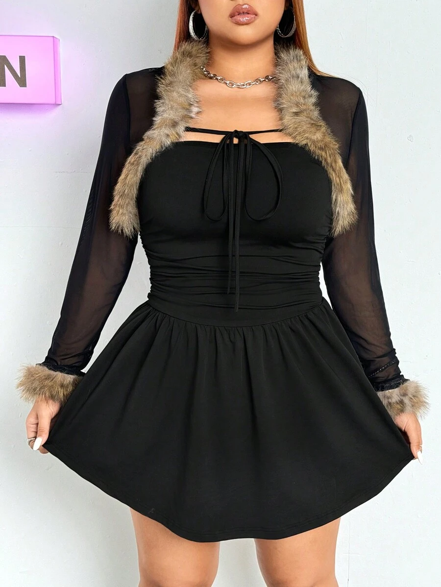 SHEIN ICON Set di cardigan con colletto in maglia e vestito tinta unita di taglie grandi