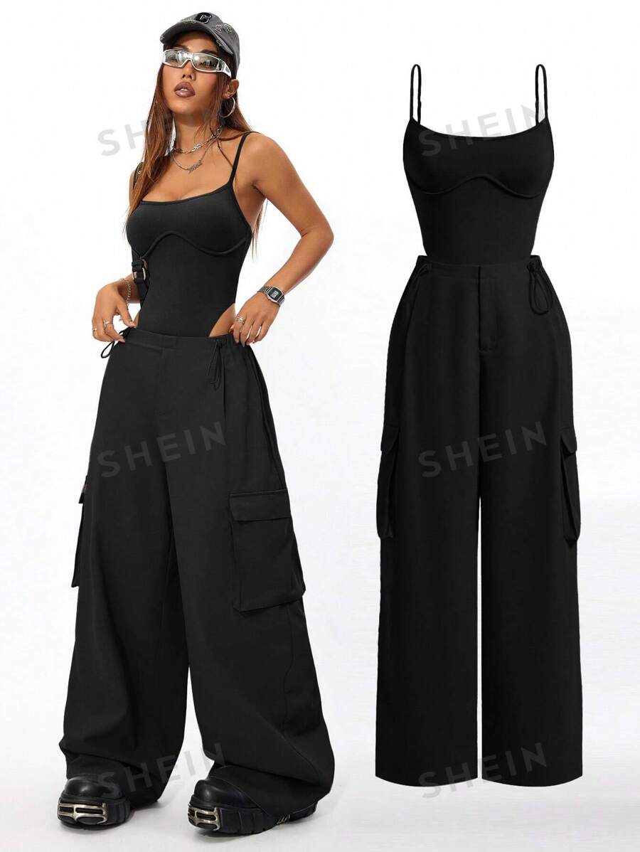 Coolane 2 piezas Conjunto de mono casual con tirantes finos y pantalones cargo holgados de moda para mujer, primavera verano