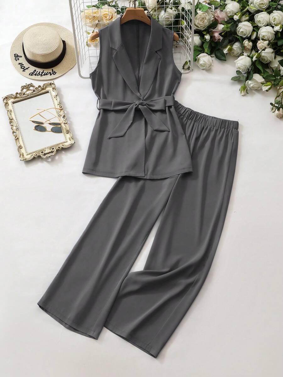 Mulvari Women's Solid Color Notched Collar Vest And Wide Leg Pants Casual Suit, Summer 2 Piece Set