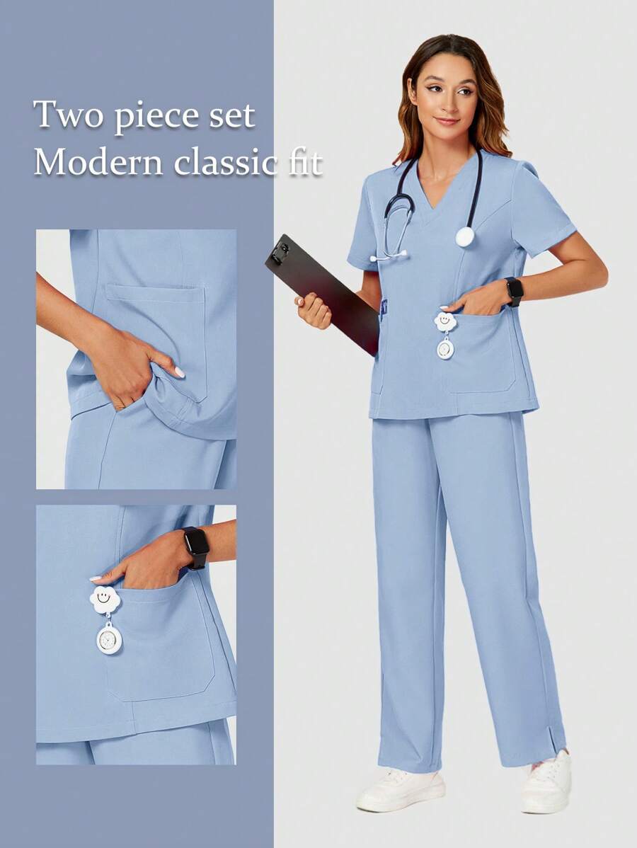 TaskEZ 2-delig verpleegsteruniform met V-hals, korte mouw en broek, damesscrubsset, effen kleur
