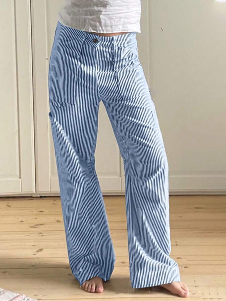 SHEIN EZwear Women's Casual Blue Striped Woven Wide Leg Pants With Straight Fit,Drape Cargo Trouser