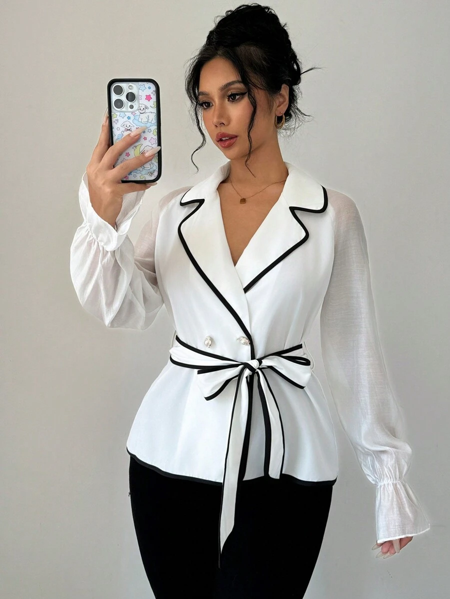 Chiquease Women's Contrast Trim Cinched Waist Blouse Women Shirt,Long Sleeve Tops