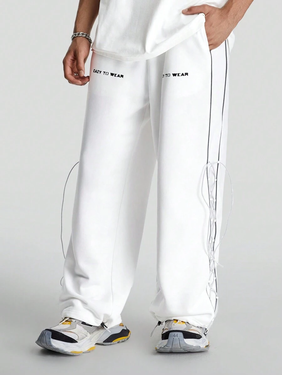 Manfinity VCAY Calça de Moletom Reta com Estampa Inglesa, Caimento Solto, Para Homens