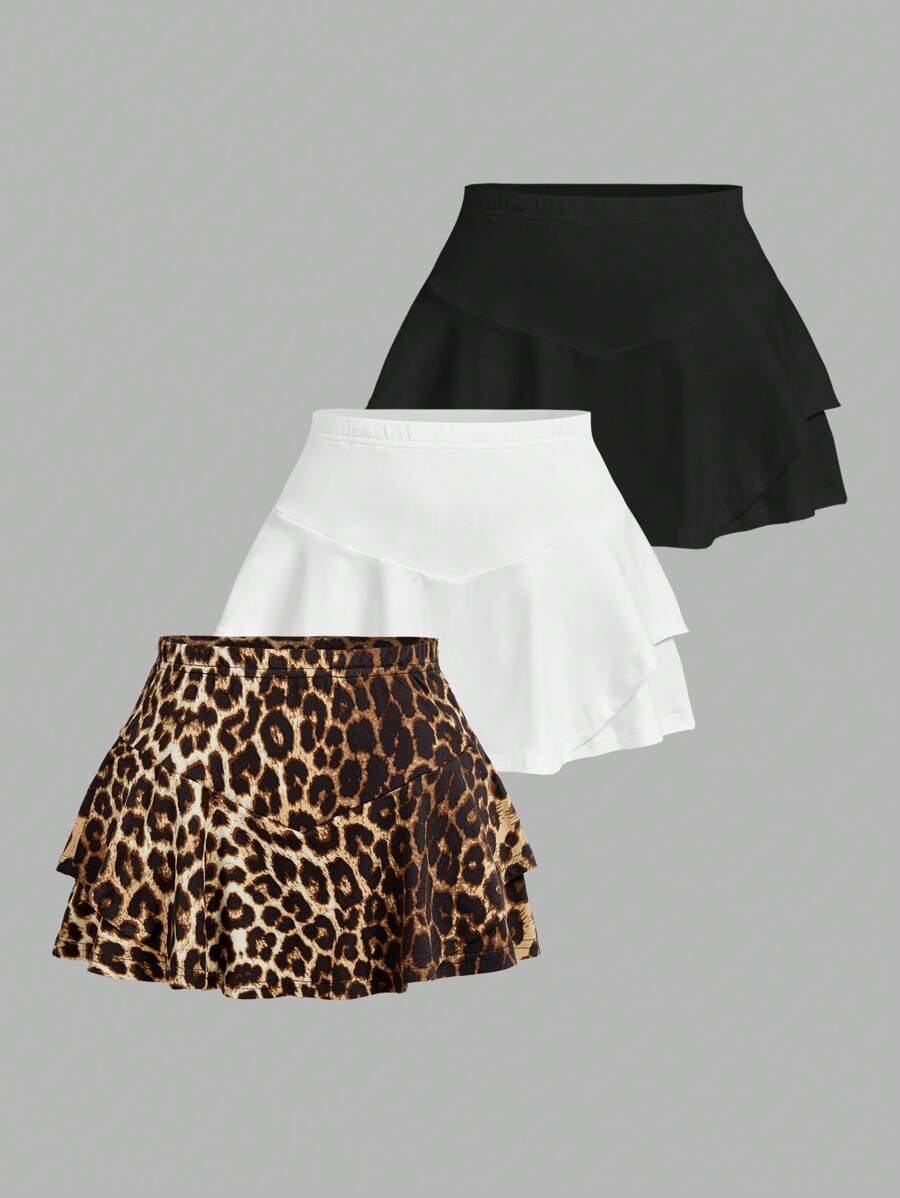 SHEIN EZwear 3-delige damesskortset in effen kleur en luipaardprint met laagjes