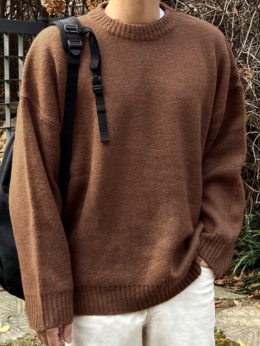 DAZY Men's Solid Color Crew Neck Casual Knitted Brown Sweater, Fall