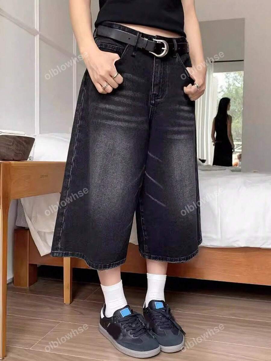 Grunge Punk Y2K Street New Vintage Straight Mid-Length Washed Pocket Seam Detail Cat Whiskered Bermudy Jeansy Jeansowe Spodenki Casual Shorts Spodnie z kieszeniami dla kobiet, Szkoła