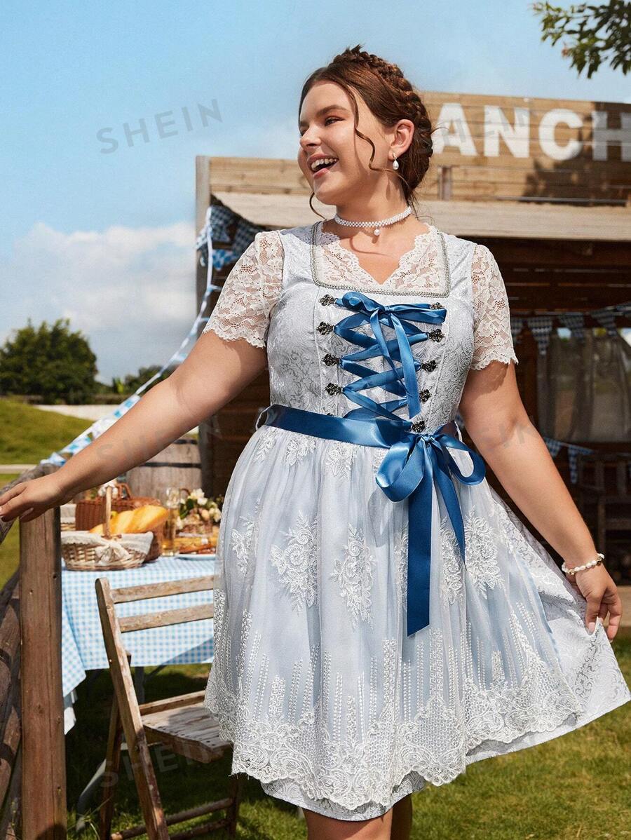 SHEIN Frenchy Vestido mini con bordado tipo dirndl para festival de Oktoberfest, talla grande, para mujer