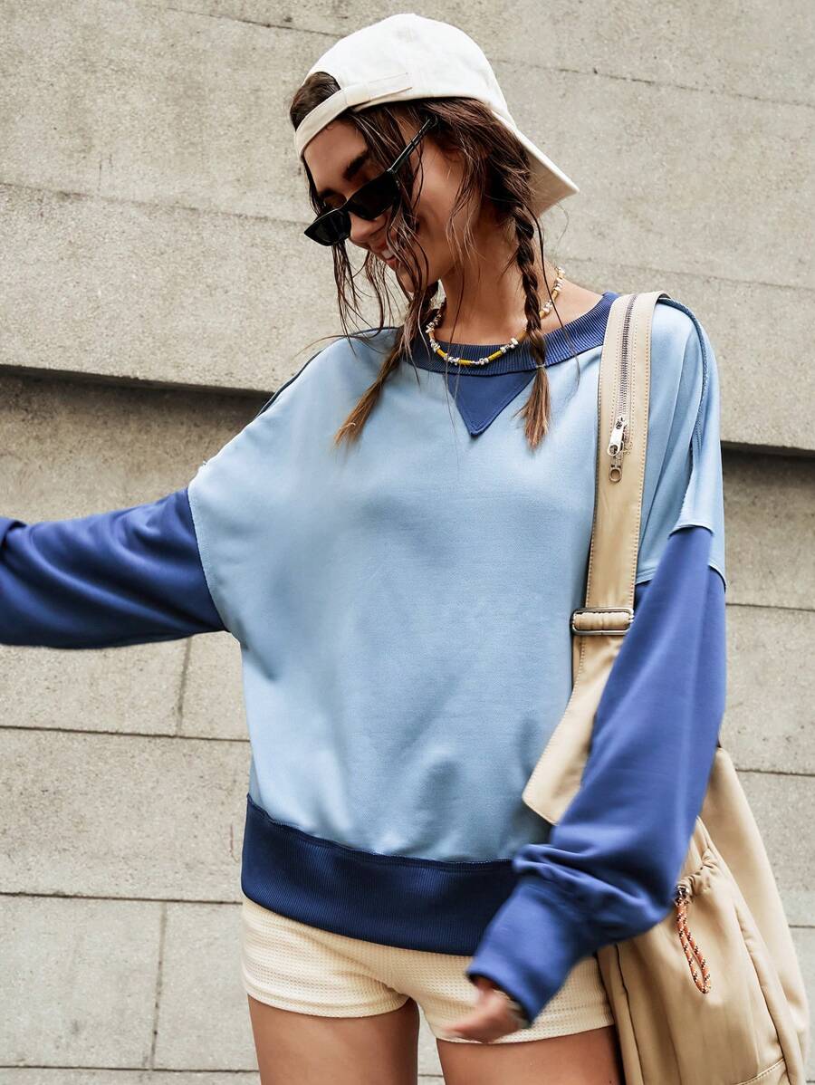 Bohemela Women's Colorblock Crew Neck Blue Sweatshirt, Autumn