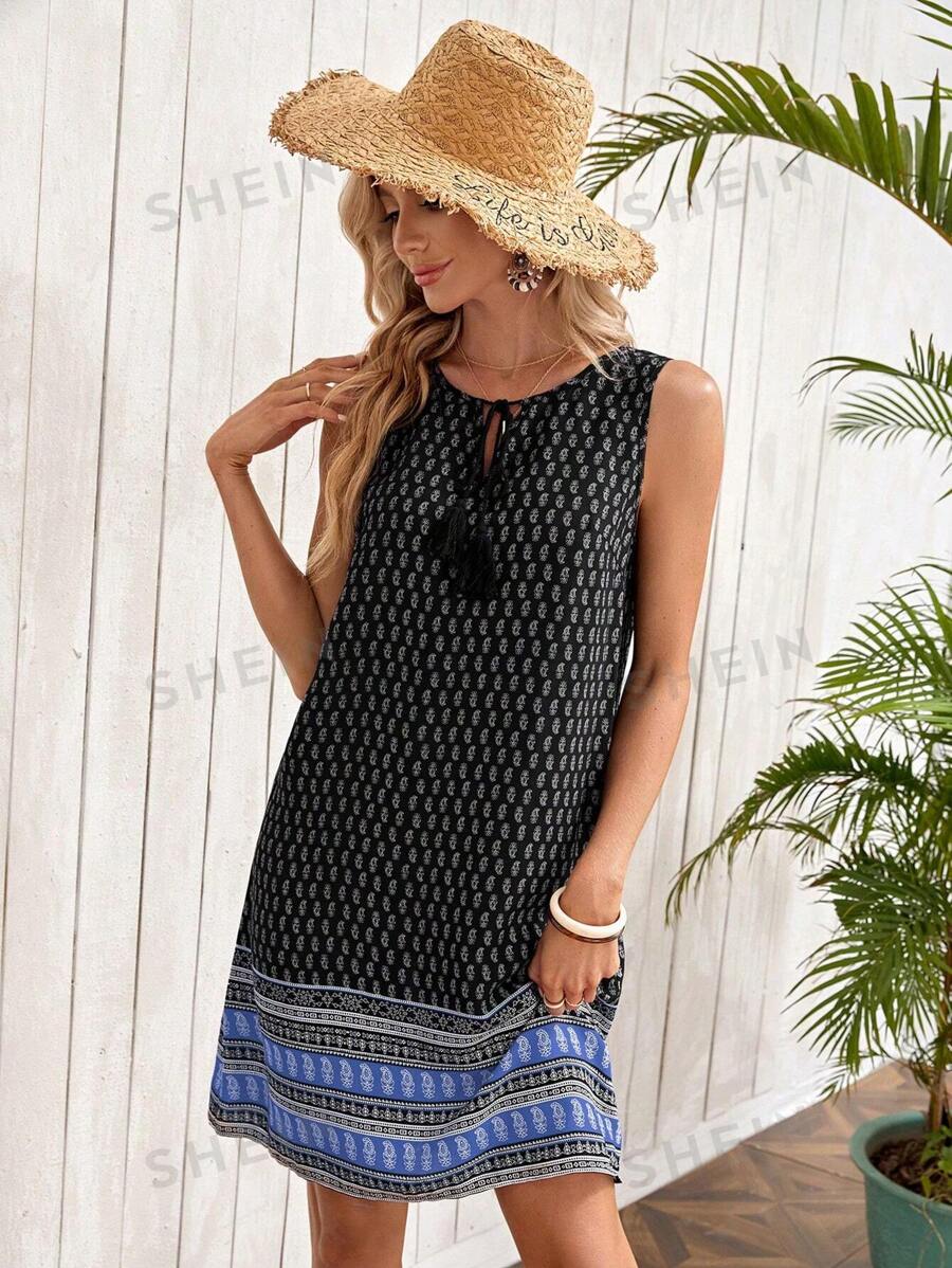 EMERY ROSE Vestido sin mangas casual de talla grande con estampado de vendajes y parches para mujer, para vacaciones de verano