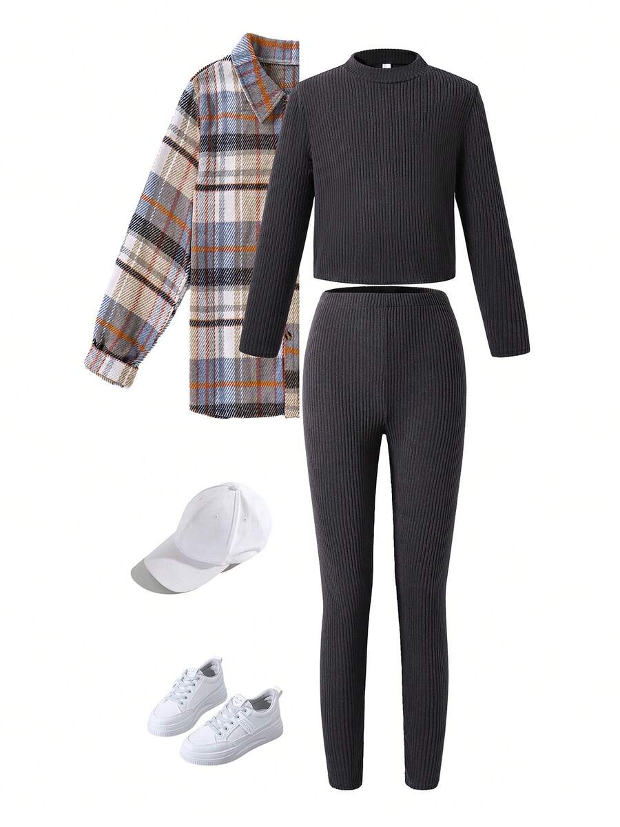 Teen Girls' Fashion Casual Holiday Plaid Shirt & Solid Color Long Sleeve Top & Pants 3pcs Outfit Set