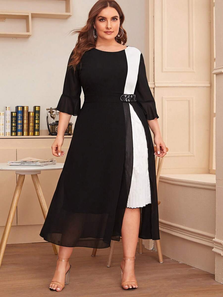 SHEIN Clasi Plus Colorblock Mesh Overlay Pleated Detail Dress