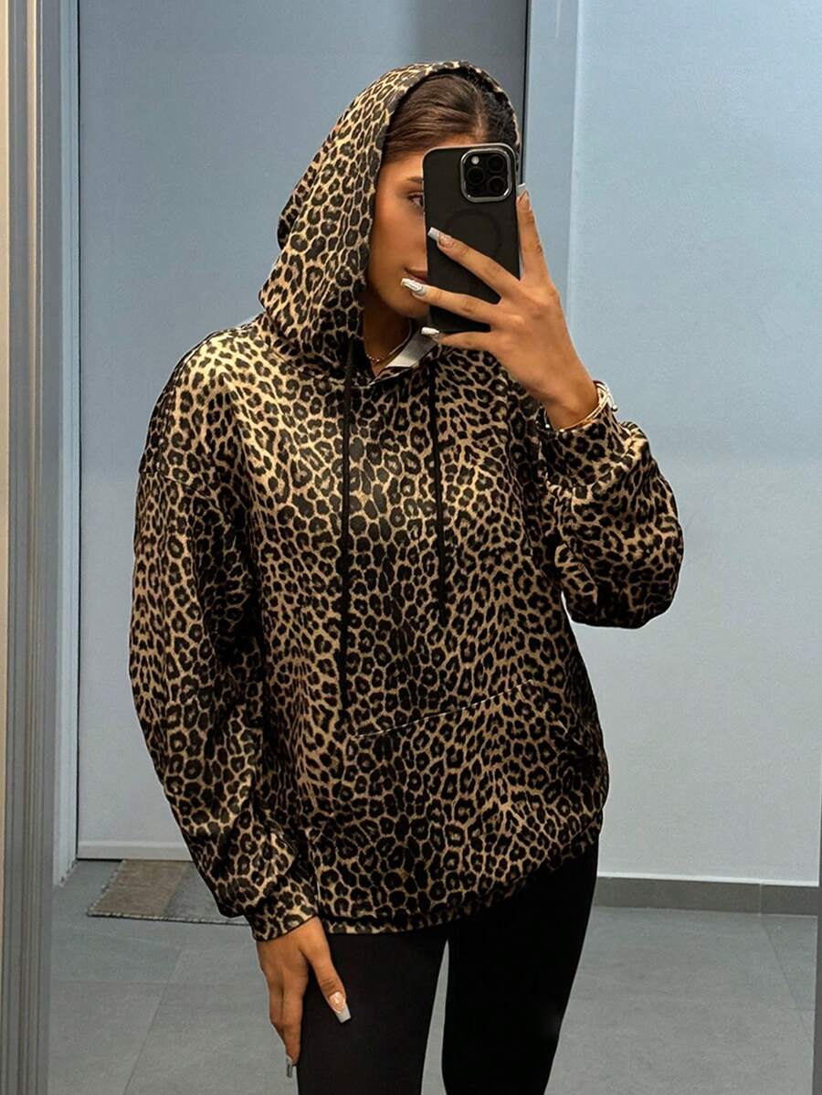 SHEIN EZwear Women's Fashionable Leopard Print Hooded Sweatshirt With Pocket