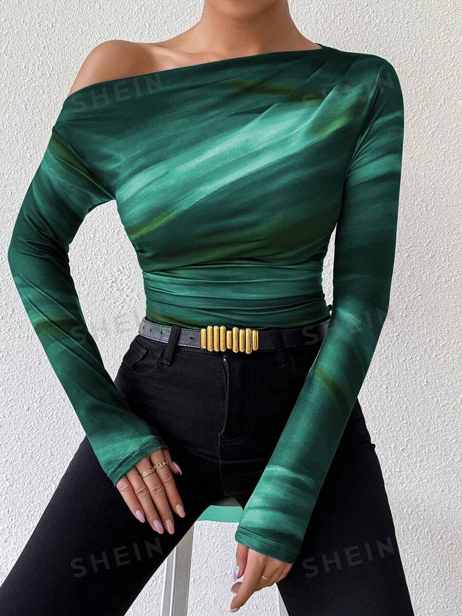 Chiquease Top de manga larga asimétrico con detalle drapeado en estampado de degradado de mármol para atuendo primaveral