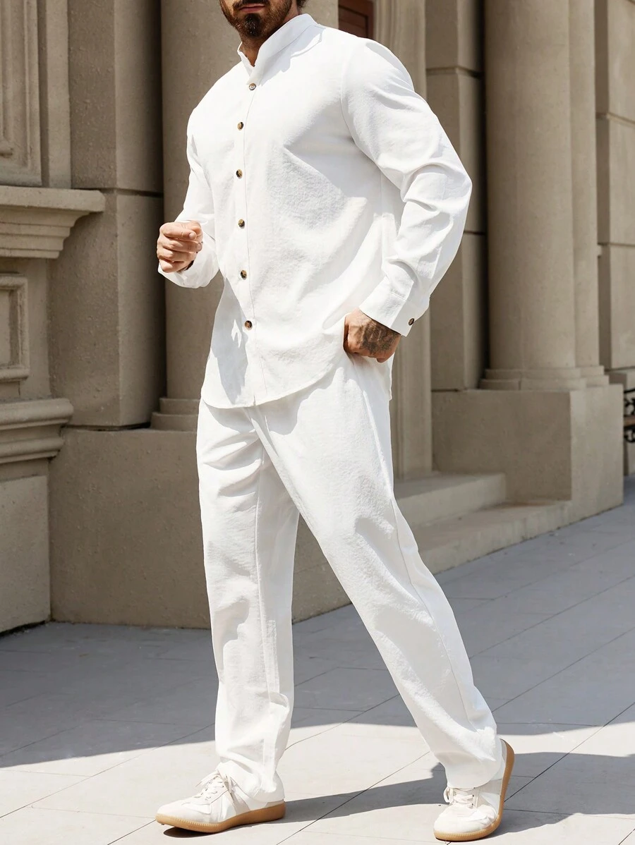 Manfinity Homme Men's Solid Color Button-Up Shirt And Pants Suit, Minimalist