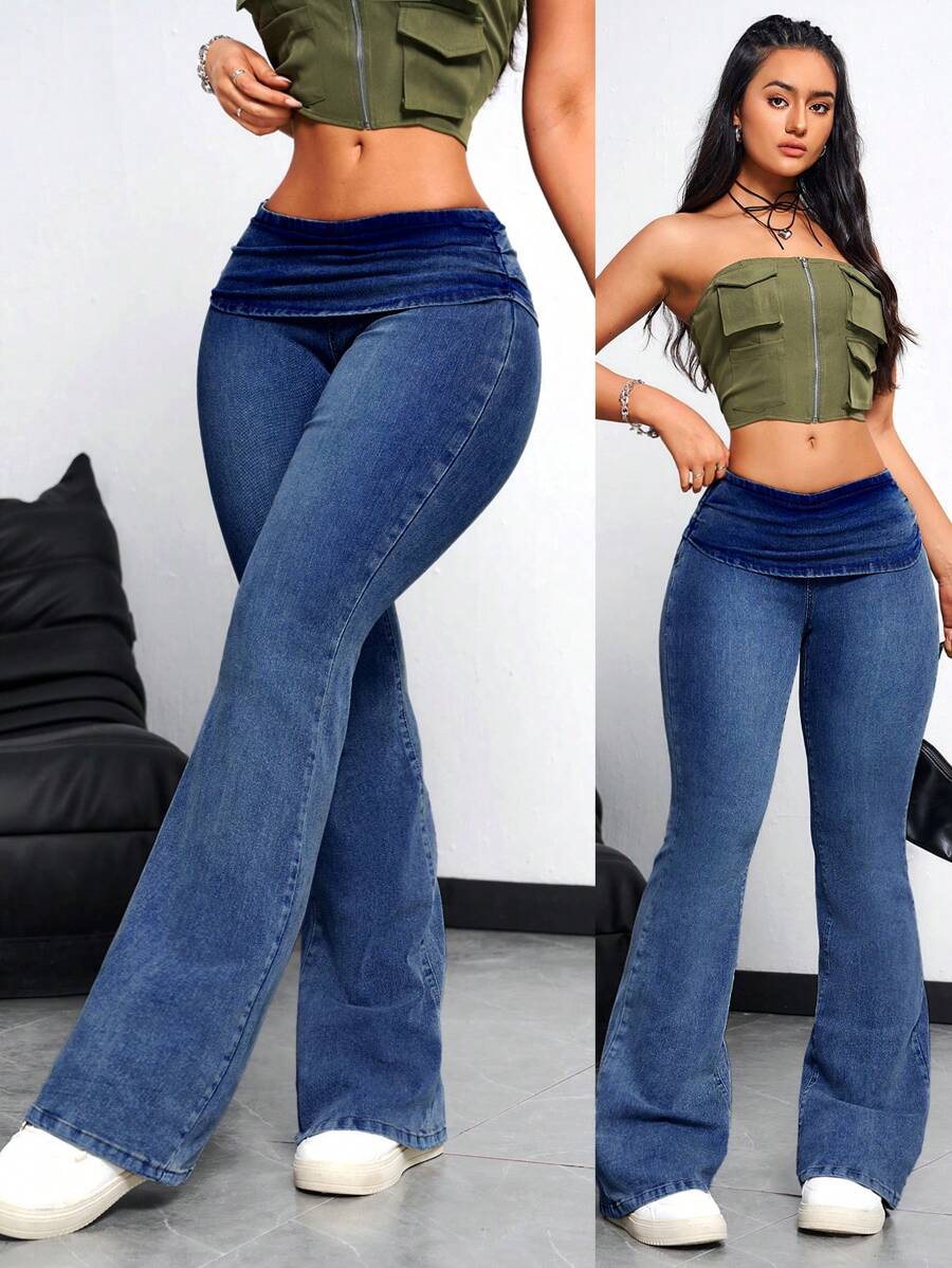 SHEIN EZwear Jeans de corte ceñido de unicolor con cintura estilizada, uso casual de todos los días para mujer