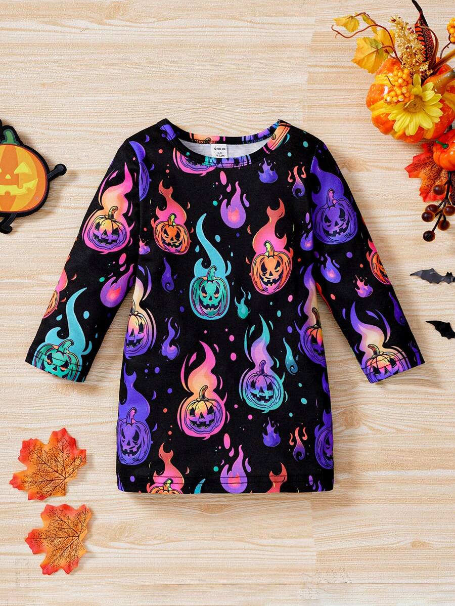 SHEIN Abito casual sportivo da ragazza per autunno, Ognissanti, elegante e carino, con stampa colorata a fiamma viola e zucca, per festa di Ognissanti