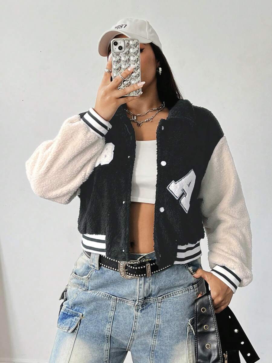 Flirla Patchwork Short Plush Casual Letterman Jacket