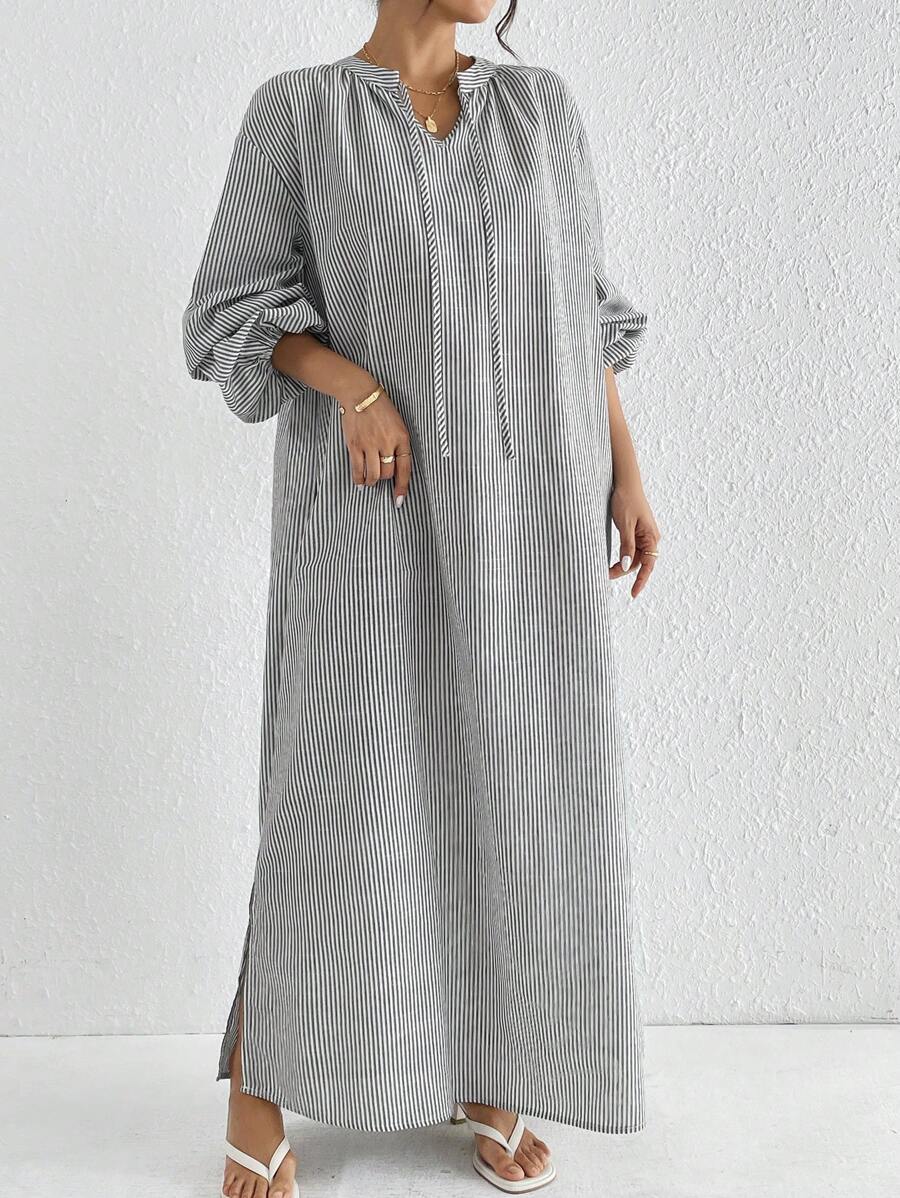 Mulvari Women Striped Print Casual Arabic Style Dress, Modest Long Sleeve Dress Perfect For Beach/Casual/Vacation/Homewear/Daily Wear